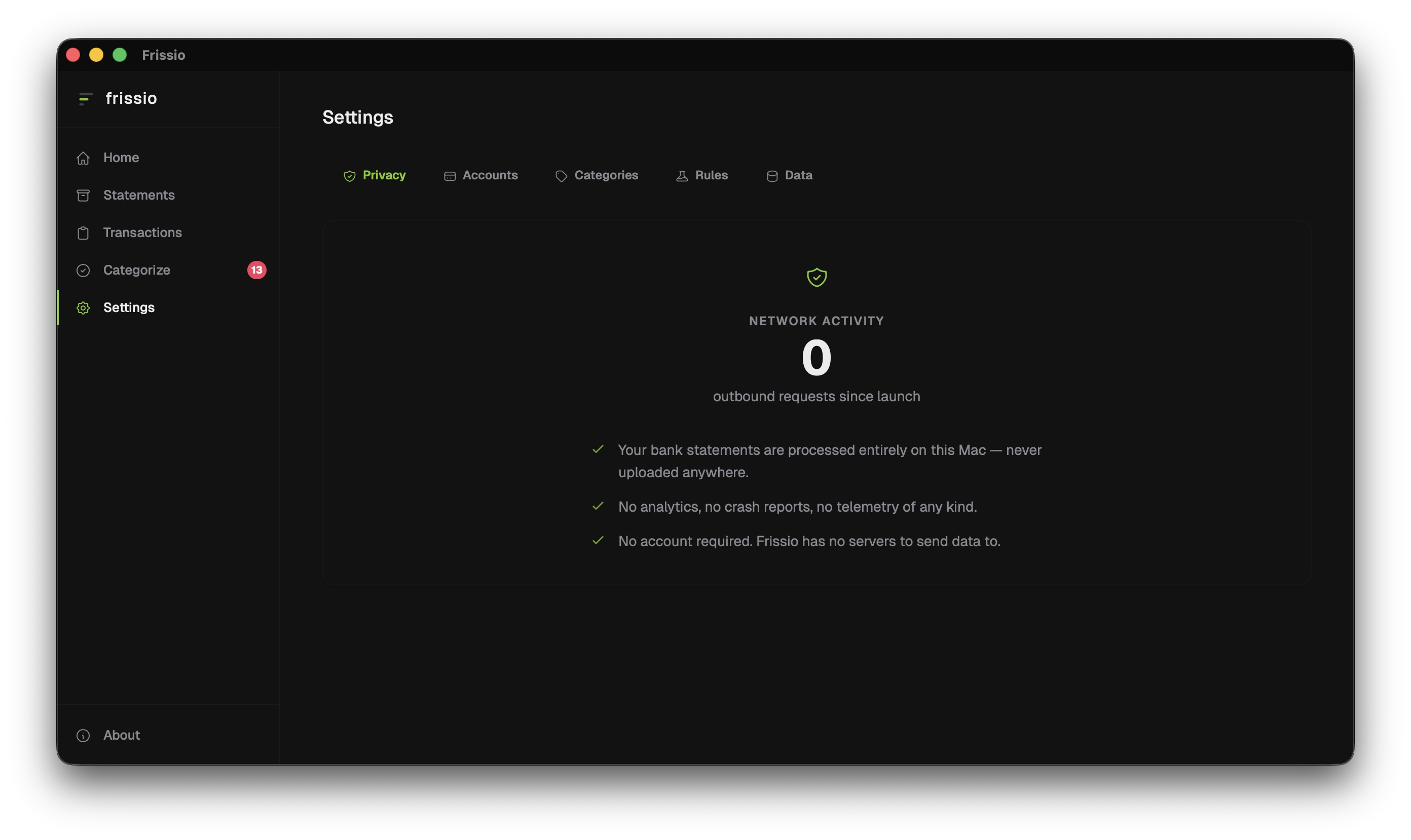 Frissio privacy settings